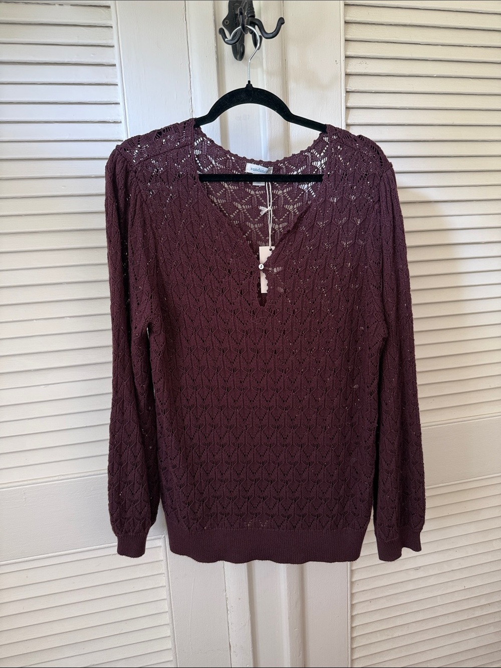 Sundance Crochet Knit V-Neck Sweater Top - Plum